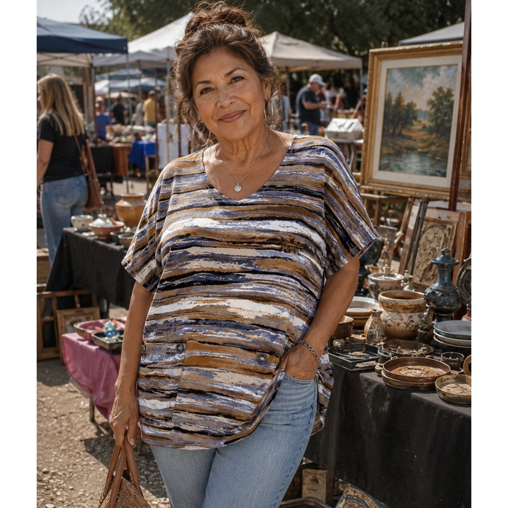 Signature Collection Womens 3X/3T Brown Blue Abstract Stripe Grommet Tunic Top